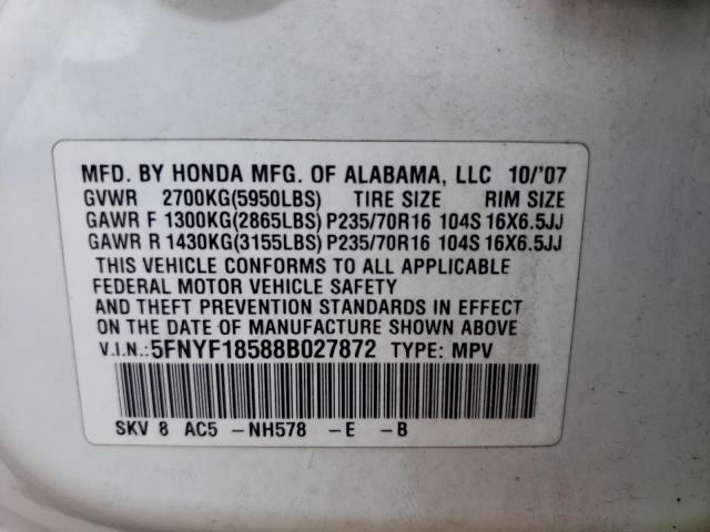 Photo 10 from auction – 2008 HONDA PILOT EXL with VIN 5FNYF18588B027872