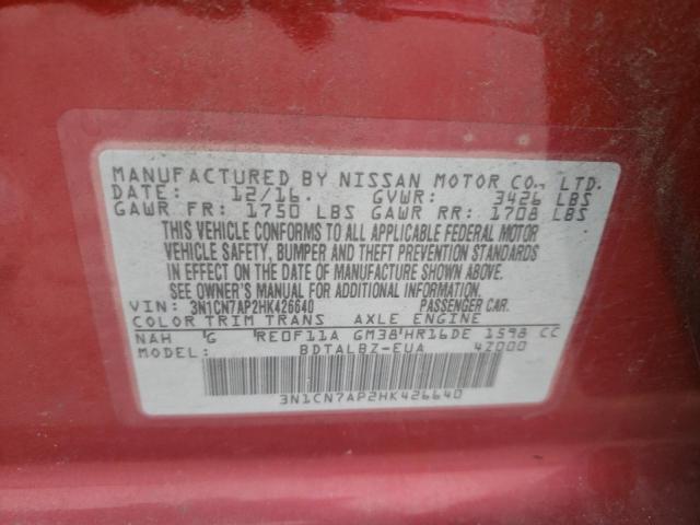 Photo 10 from auction – 2017 NISSAN VERSA S with VIN 3N1CN7AP2HK426640