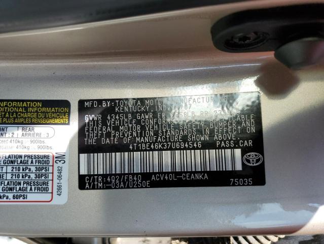 Photo 10 from auction – 2007 TOYOTA CAMRY with VIN 4T1BE46K37U694546