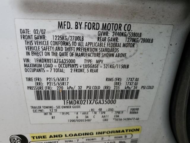 Photo 10 from auction – 2007 FORD FREESTYLE with VIN 1FMDK021X7GA35000