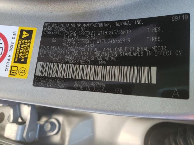Photo 10 from auction – 2019 TOYOTA HIGHLANDER with VIN 5TDJZRFH0KS616583
