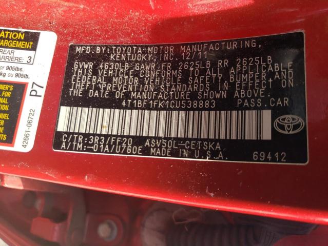 Photo 10 from auction – 2012 TOYOTA CAMRY BASE with VIN 4T1BF1FK1CU538883