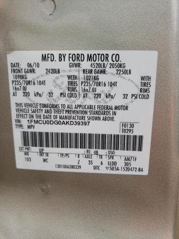 Photo 10 from auction – 2010 FORD ESCAPE XLT with VIN 1FMCU0DG0AKD39397