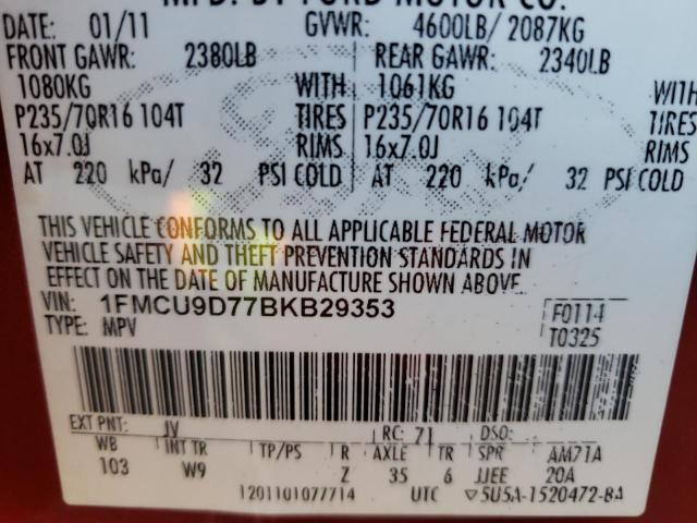 Photo 10 from auction – 2011 FORD ESCAPE XLT with VIN 1FMCU9D77BKB29353