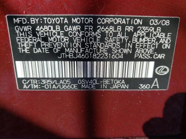 Photo 10 from auction – 2008 LEXUS ES 350 with VIN JTHBJ46G182231604