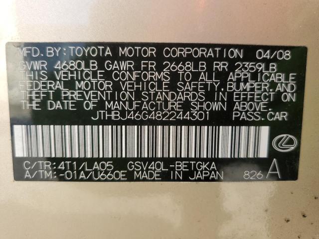 Photo 10 from auction – 2008 LEXUS ES 350 with VIN JTHBJ46G482244301