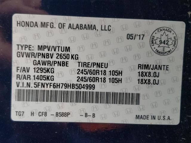 Photo 10 from auction – 2017 HONDA PILOT EXLN with VIN 5FNYF6H79HB504999