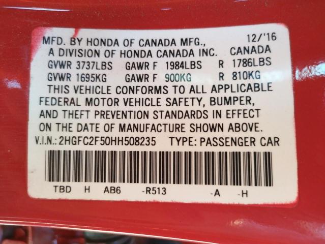 Photo 10 from auction – 2017 HONDA CIVIC LX with VIN 2HGFC2F50HH508235