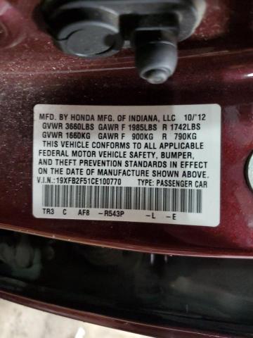 Photo 10 from auction – 2012 HONDA CIVIC LX with VIN 19XFB2F51CE100770