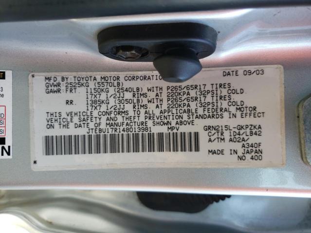 Photo 10 from auction – 2004 TOYOTA 4RUNNER LI with VIN JTEBU17R148013981