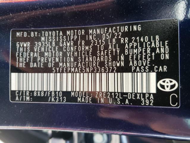 Photo 10 from auction – 2022 TOYOTA COROLLA LE with VIN 5YFEPMAE5NP336372