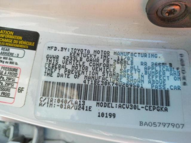Photo 10 from auction – 2004 TOYOTA CAMRY LE with VIN 4T1BE30K74U289501