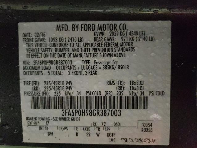 Photo 10 from auction – 2016 FORD FUSION SE with VIN 3FA6P0H98GR387003