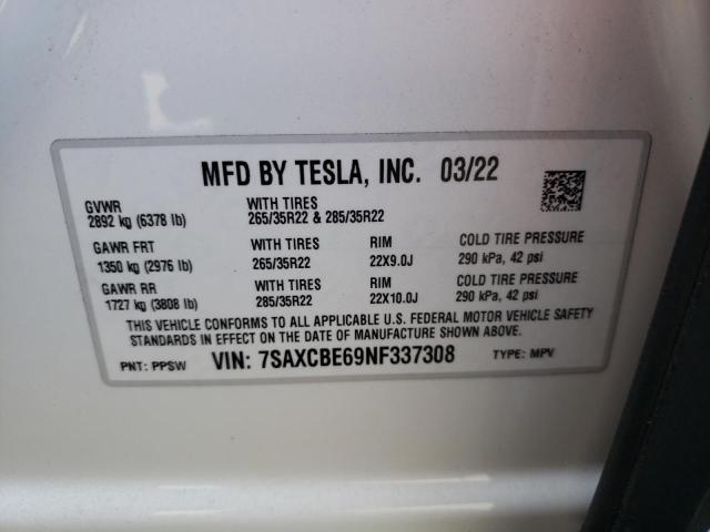 Photo 10 from auction – 2022 TESLA MODEL X with VIN 7SAXCBE69NF337308