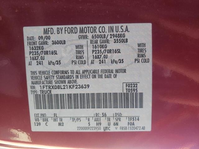 Photo 10 from auction – 2001 FORD F150 with VIN 1FTRX08L21KF23639