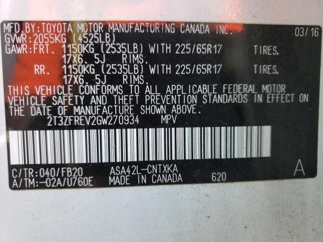 Photo 10 from auction – 2016 TOYOTA RAV4 LE with VIN 2T3ZFREV2GW270934