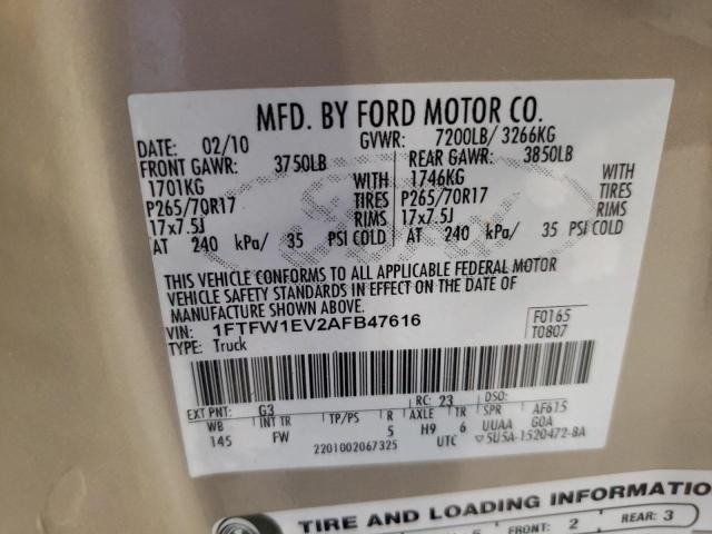 Photo 10 from auction – 2010 FORD F150 SUPER with VIN 1FTFW1EV2AFB47616