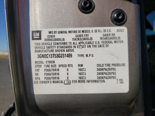 Photo 10 from auction – 2003 CHEVROLET AVALANCHE with VIN 3GNEC13T53G231489