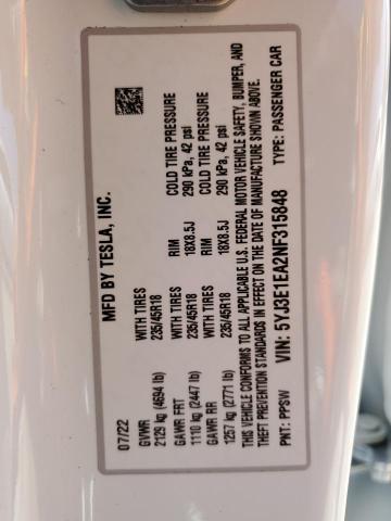 Photo 10 from auction – 2022 TESLA MODEL 3 with VIN 5YJ3E1EA2NF315848