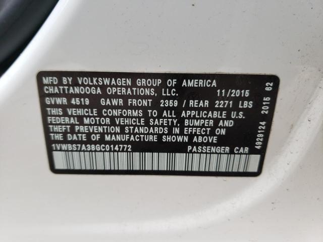 Photo 10 from auction – 2016 VOLKSWAGEN PASSAT SE with VIN 1VWBS7A38GC014772