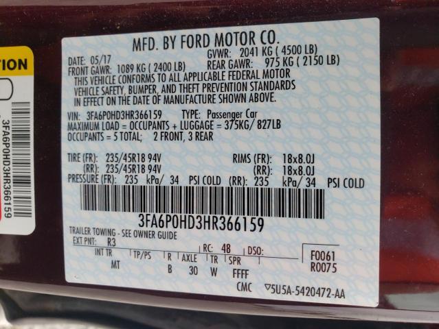 Photo 10 from auction – 2017 FORD FUSION SE with VIN 3FA6P0HD3HR366159