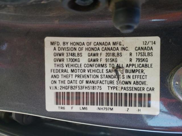 Photo 10 from auction – 2015 HONDA CIVIC LX with VIN 2HGFB2F53FH518175