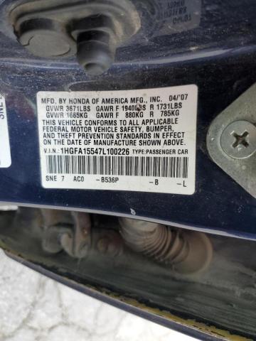 Photo 10 from auction – 2007 HONDA CIVIC LX with VIN 1HGFA15547L100226
