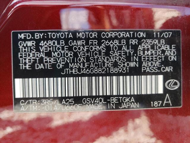 Photo 10 from auction – 2008 LEXUS ES 350 with VIN JTHBJ46G882188931