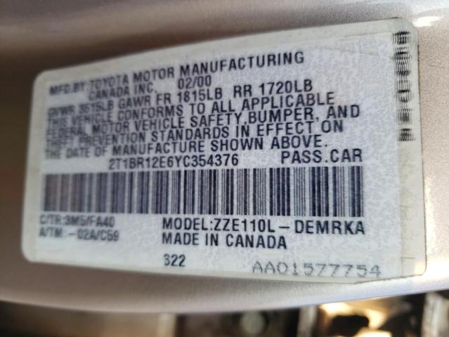 Photo 10 from auction – 2000 TOYOTA COROLLA VE with VIN 2T1BR12E6YC354376