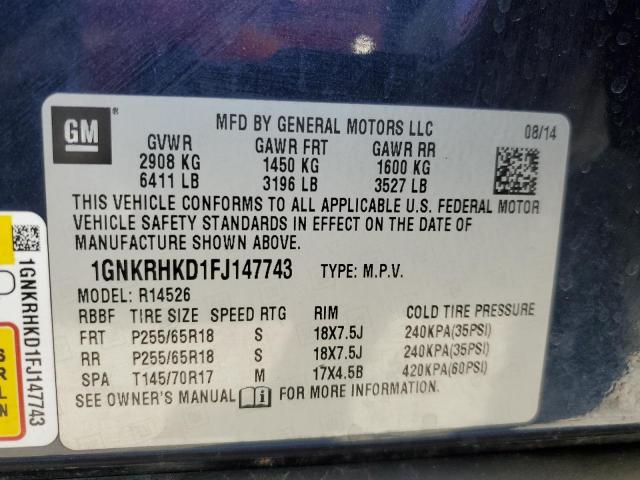 Photo 10 from auction – 2015 CHEVROLET TRAVERSE L with VIN 1GNKRHKD1FJ147743