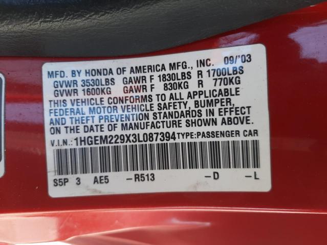Photo 10 from auction – 2003 HONDA CIVIC EX with VIN 1HGEM229X3L087394