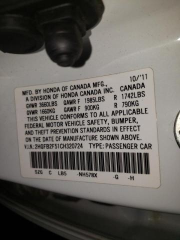 Photo 10 from auction – 2012 HONDA CIVIC LX with VIN 2HGFB2F51CH320724