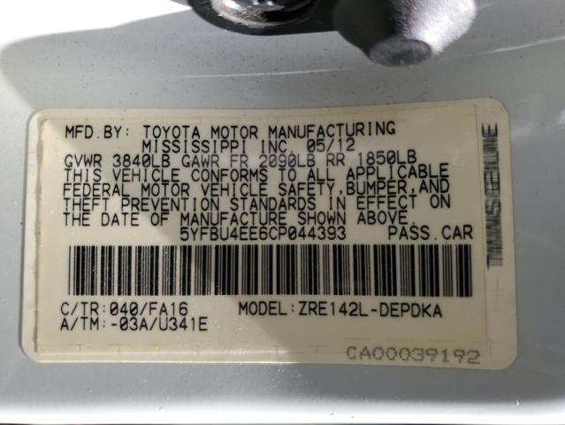 Photo 10 from auction – 2012 TOYOTA COROLLA BA with VIN 5YFBU4EE6CP044393