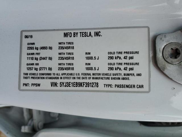 Photo 10 from auction – 2019 TESLA MODEL 3 with VIN 5YJ3E1EB9KF391278