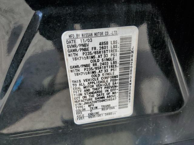 Photo 10 from auction – 2004 NISSAN MURANO SL with VIN JN8AZ08T04W206547