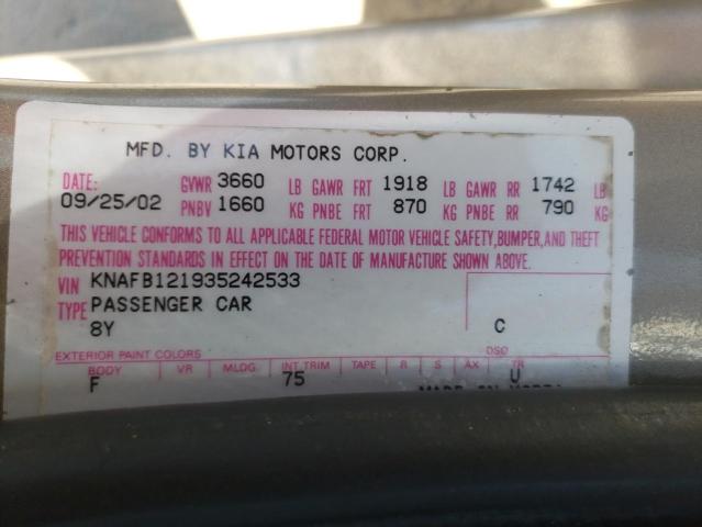 Photo 10 from auction – 2003 KIA SPECTRA BA with VIN KNAFB121935242533