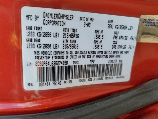Photo 10 from auction – 2003 CHRYSLER TOWN & COU with VIN 2C8GP64L63R274958