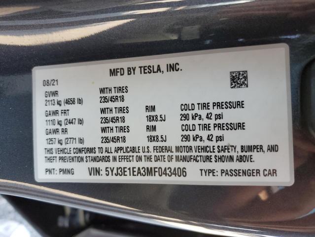Photo 10 from auction – 2021 TESLA MODEL 3 with VIN 5YJ3E1EA3MF043406