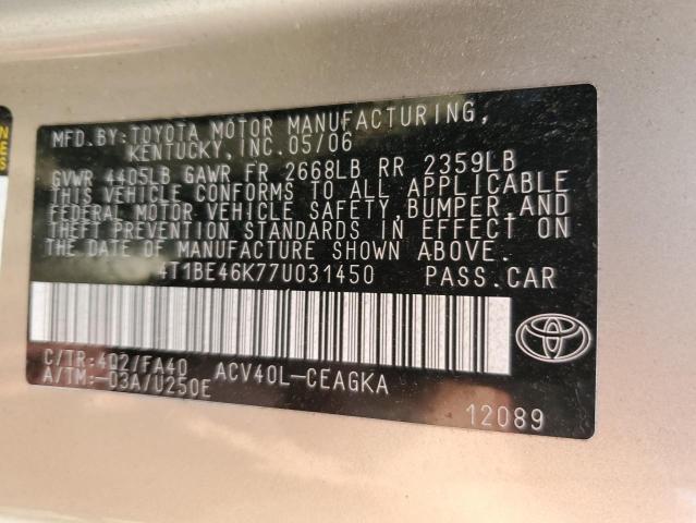 Photo 10 from auction – 2007 TOYOTA CAMRY CE with VIN 4T1BE46K77U031450
