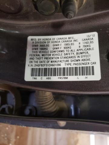 Photo 10 from auction – 2012 HONDA CIVIC LX with VIN 2HGFB2F51CH601096