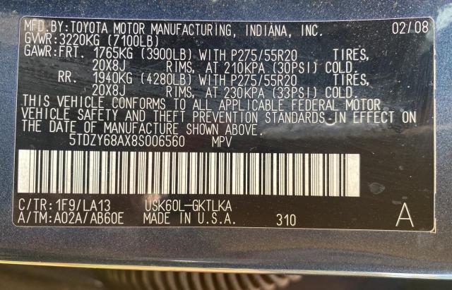 Photo 10 from auction – 2008 TOYOTA SEQUOIA LI with VIN 5TDZY68AX8S006560