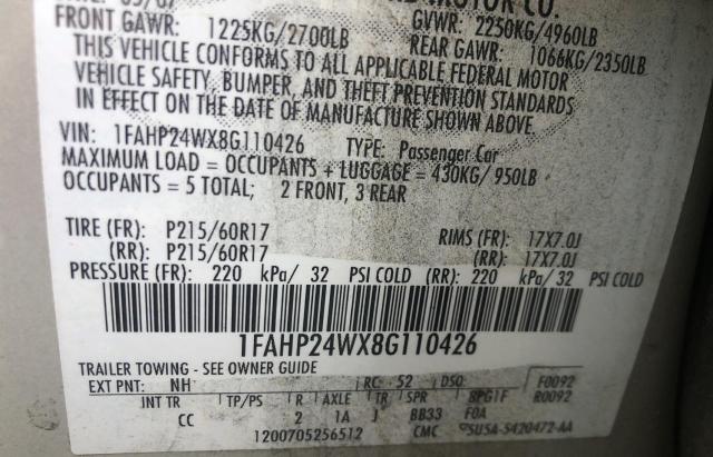 Photo 10 from auction – 2008 FORD TAURUS SEL with VIN 1FAHP24WX8G110426