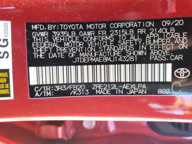 Photo 10 from auction – 2021 TOYOTA COROLLA LE with VIN JTDEPMAE8MJ143281