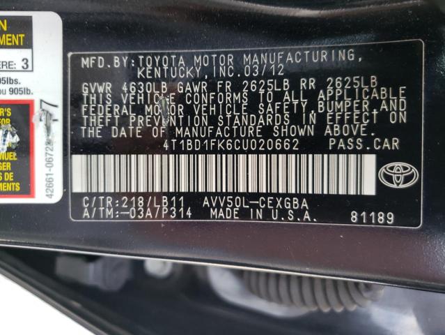 Photo 10 from auction – 2012 TOYOTA CAMRY HYBR with VIN 4T1BD1FK6CU020662