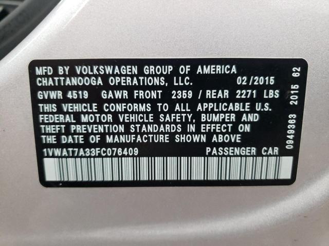 Photo 10 from auction – 2015 VOLKSWAGEN PASSAT S with VIN 1VWAT7A33FC076409