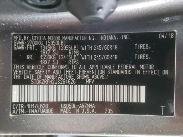 Photo 10 from auction – 2018 TOYOTA HIGHLANDER with VIN 5TDKZRFH2JS264626