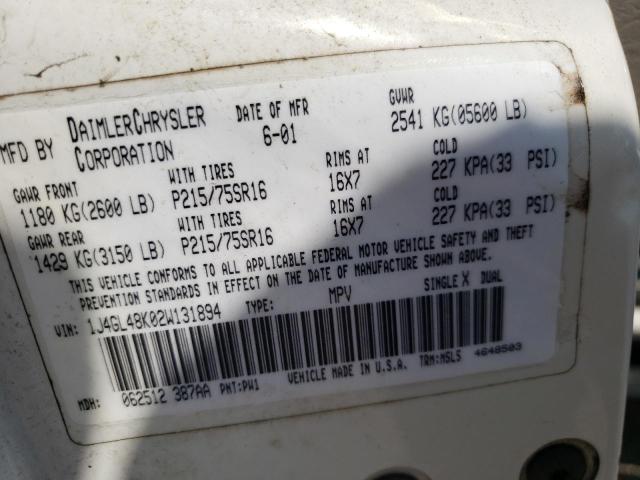 Photo 10 from auction – 2002 JEEP LIBERTY SP with VIN 1J4GL48K02W131894