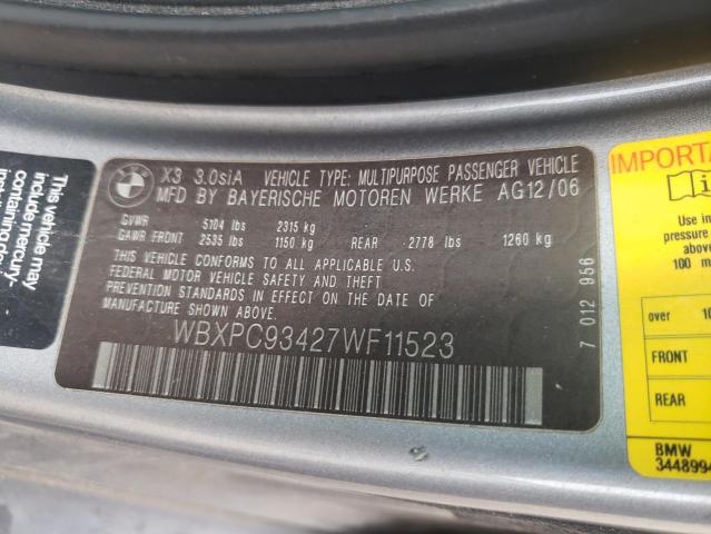 Photo 10 from auction – 2007 BMW X3 3.0SI with VIN WBXPC93427WF11523