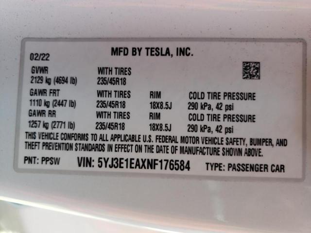 Photo 10 from auction – 2022 TESLA MODEL 3 with VIN 5YJ3E1EAXNF176584