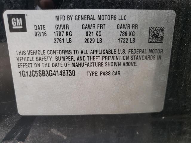 Photo 10 from auction – 2016 CHEVROLET SONIC LT with VIN 1G1JC5SB3G4148730